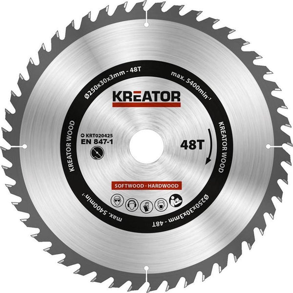 kreator Saw Blade for Wood 250X30X3MM 48T KRT020425